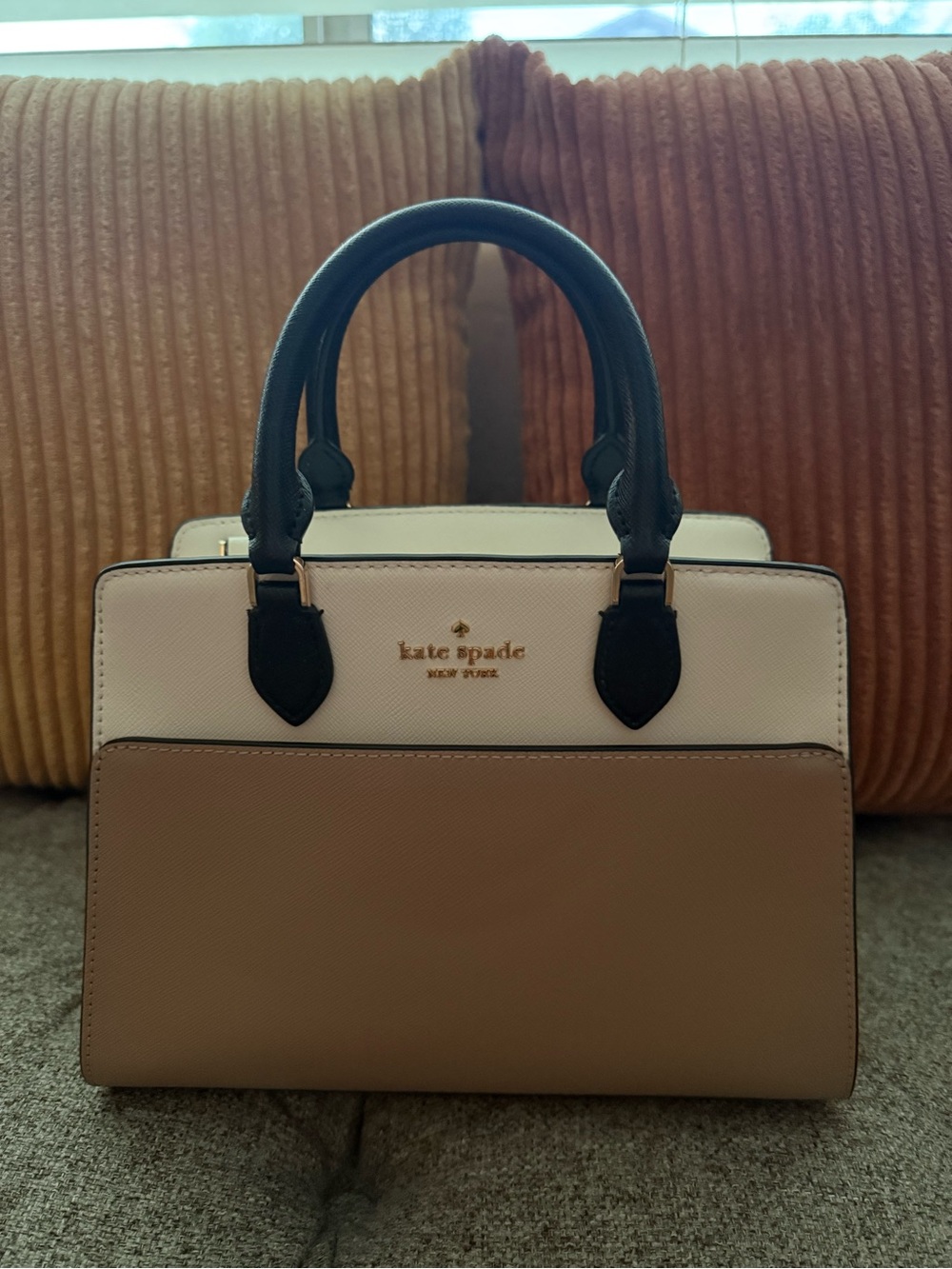 kate spade Two-Tone Leather Satchel in White, Taupe and Black